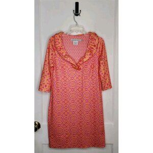 GRETCHEN SCOTT RUFFNECK DRESS Sz Medium Orange Pink Ruffle